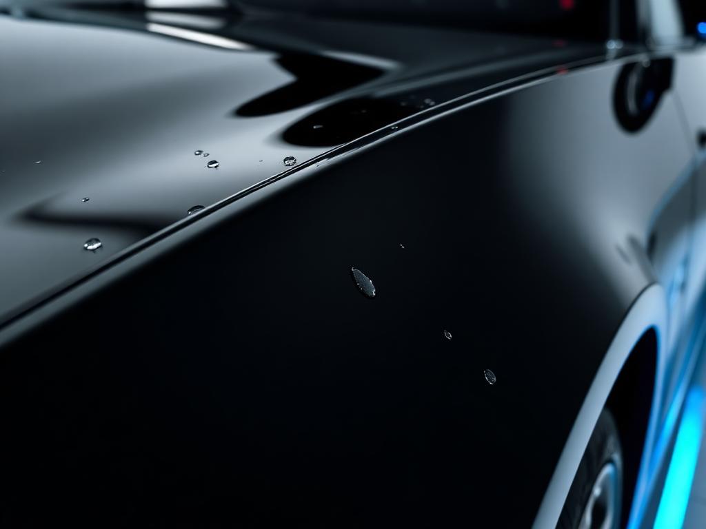 Glossy black car paint with water beading