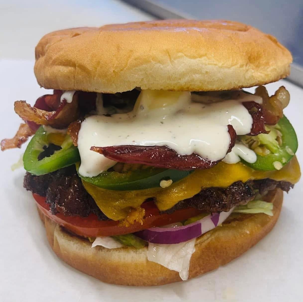 Mellow Moose burger with jalapeno and bacon