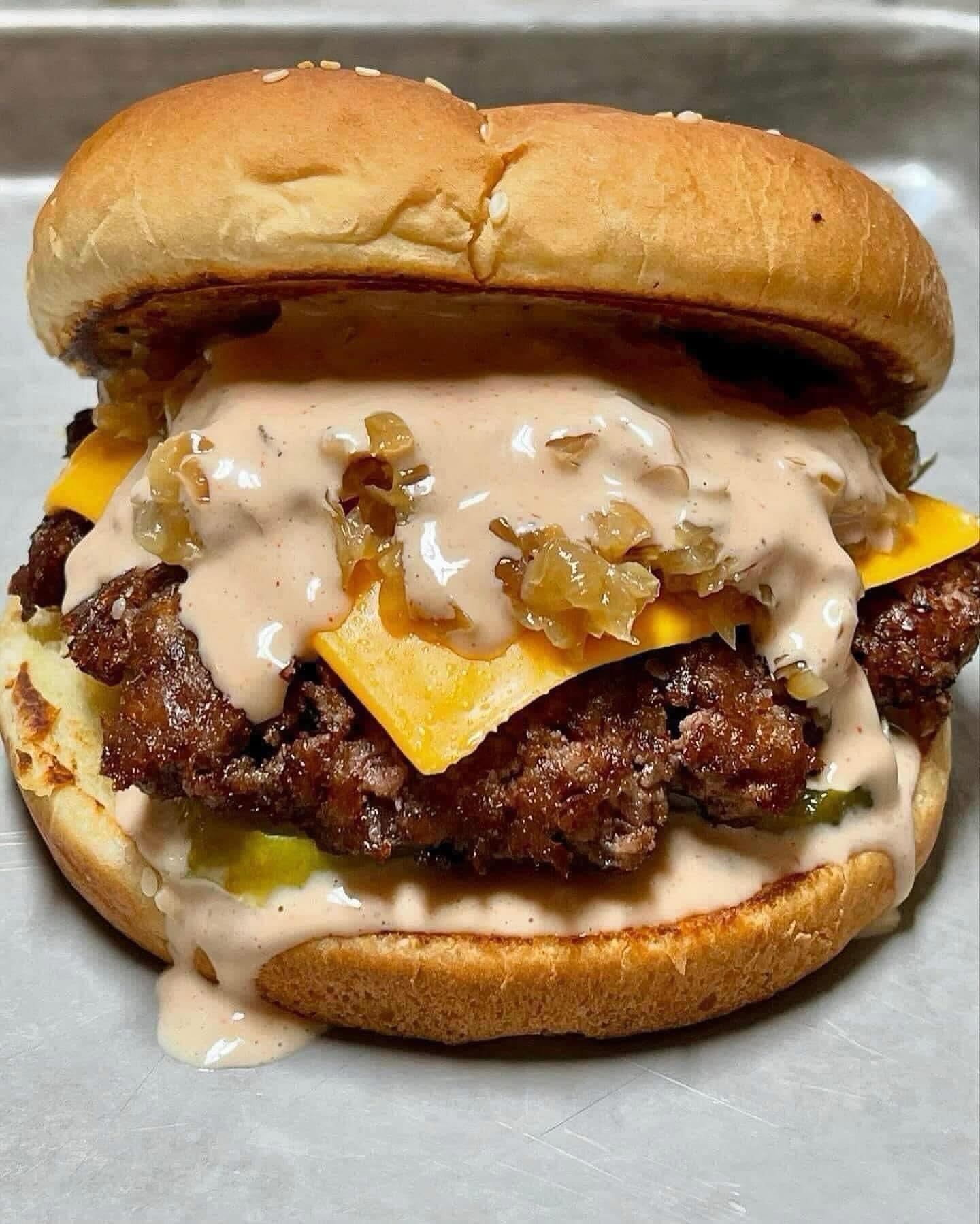 Mellow Moose smash burger with melted cheese